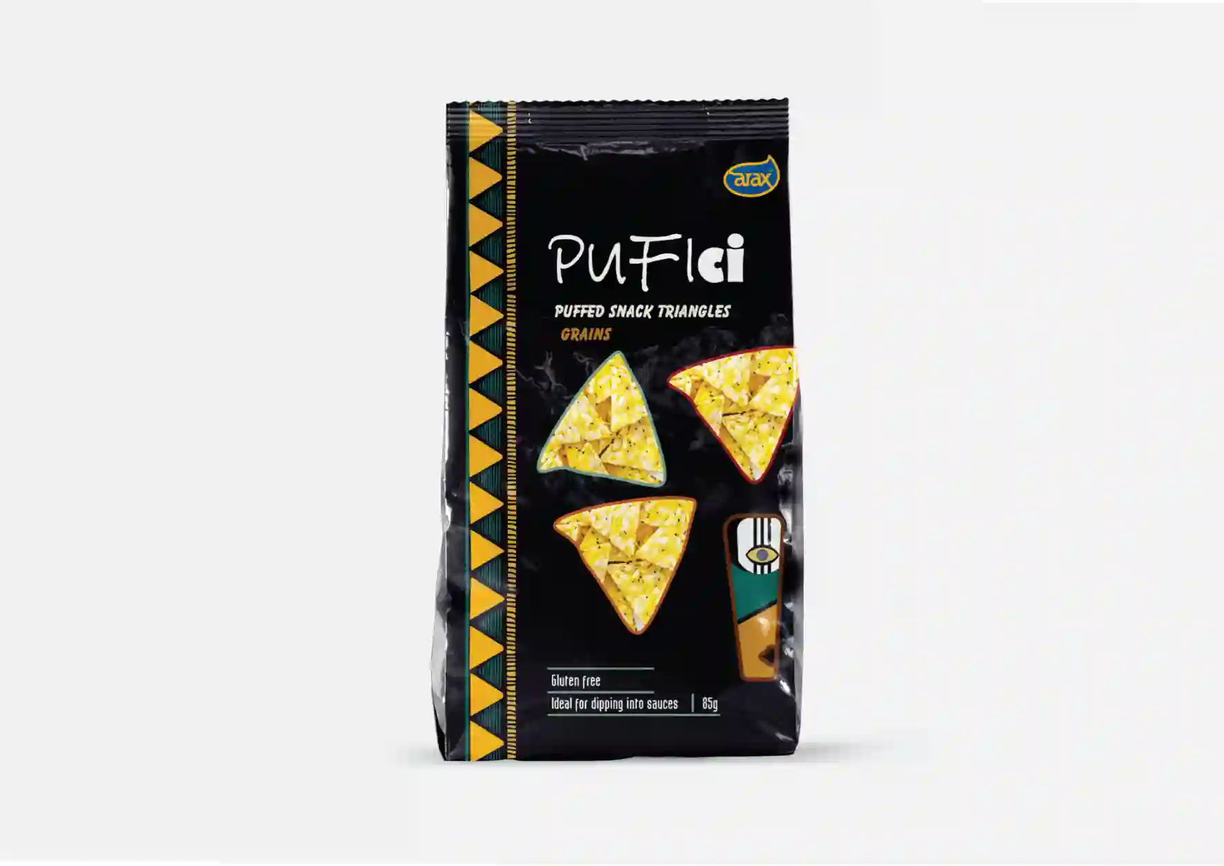 Pufici snack box packaging with brand colors and logo – Arax x Dpulse Design
