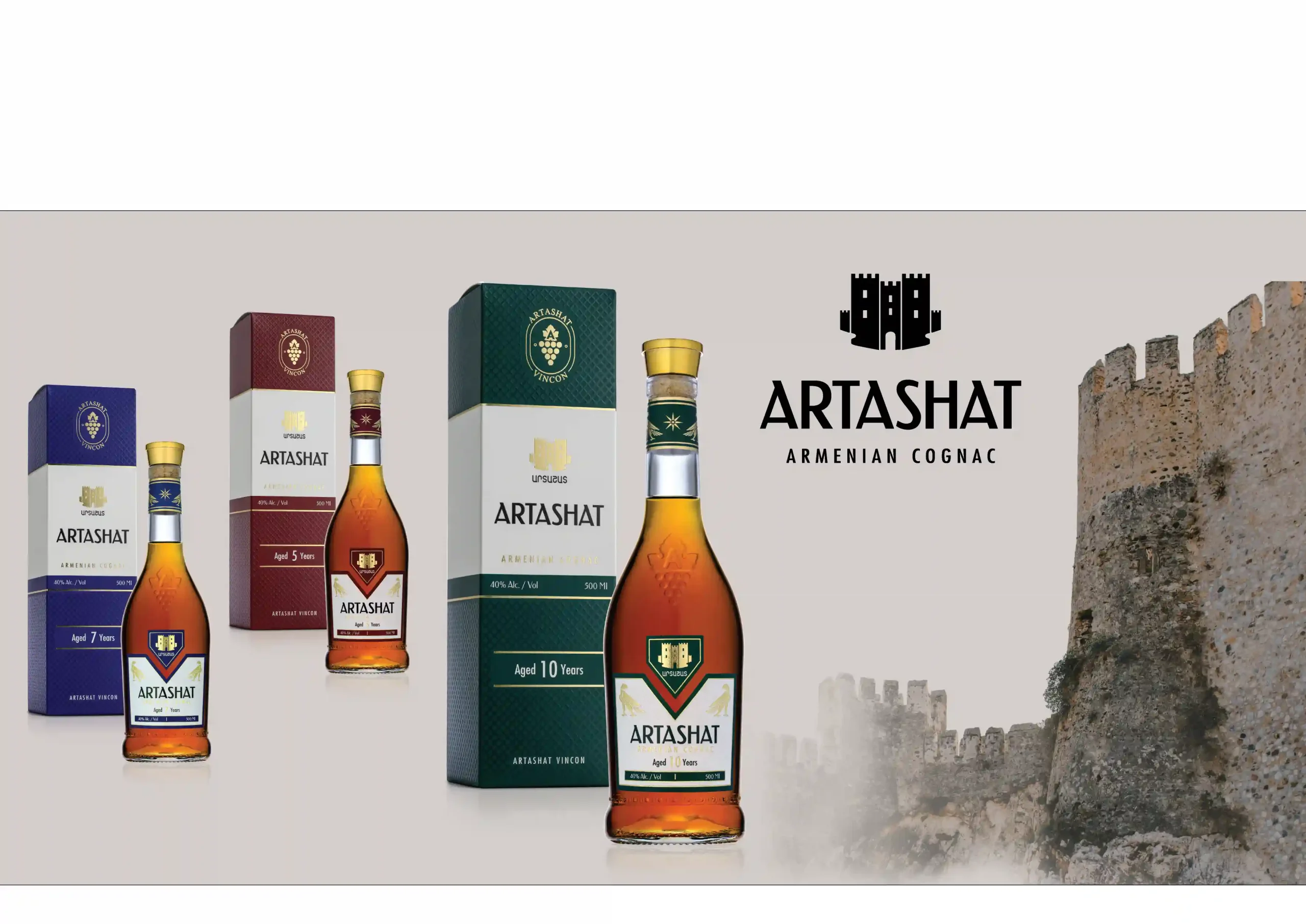 Dark background showcase of Artashat Cognac design