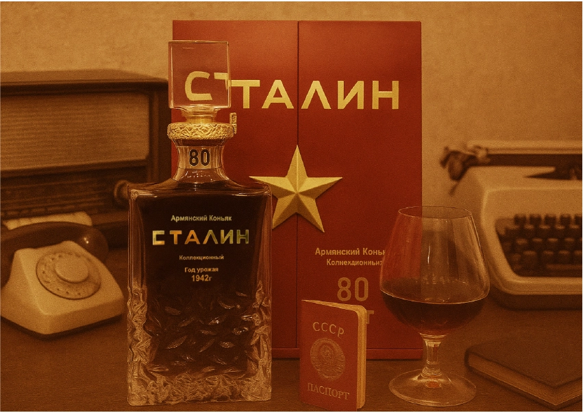 Close-up of Stalin Cognac bottle label